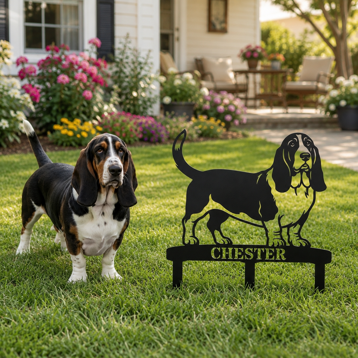 Personalized Basset Hound Garden Metal Sign With Stakes. Custom Dog Plaque Name Gift