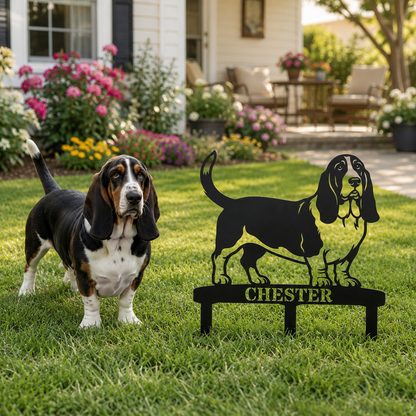 Personalized Basset Hound Garden Metal Sign With Stakes. Custom Dog Plaque Name Gift