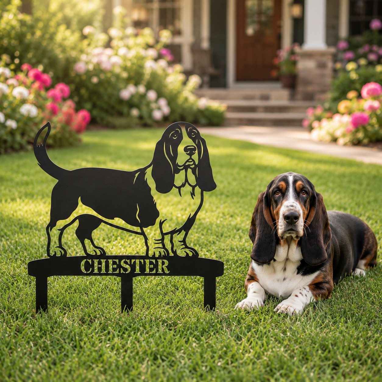Personalized Basset Hound Garden Metal Sign With Stakes. Custom Dog Plaque Name Gift