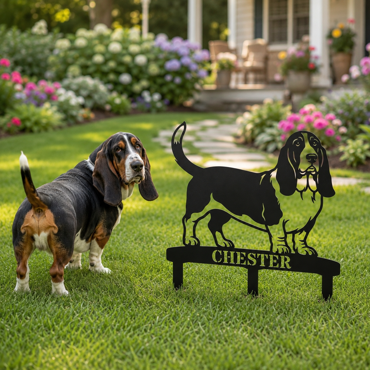 Personalized Basset Hound Garden Metal Sign With Stakes. Custom Dog Plaque Name Gift