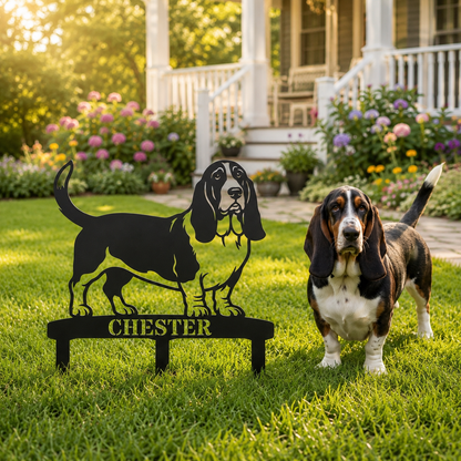 Personalized Basset Hound Garden Metal Sign With Stakes. Custom Dog Plaque Name Gift