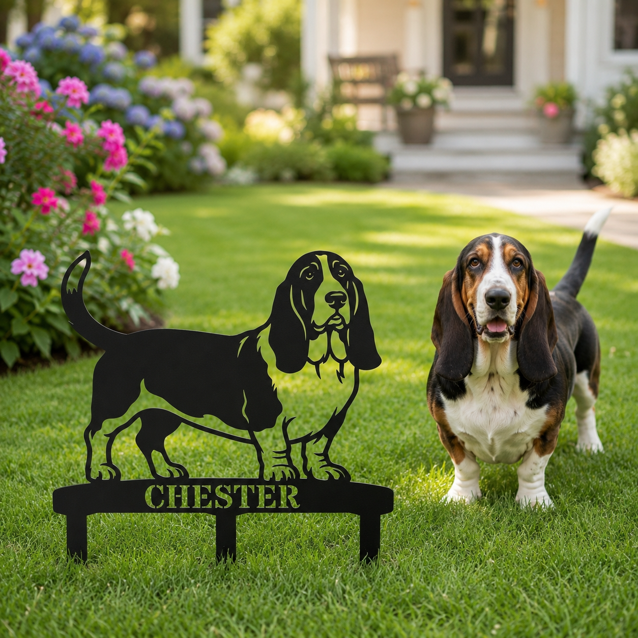 Personalized Basset Hound Garden Metal Sign With Stakes. Custom Dog Plaque Name Gift