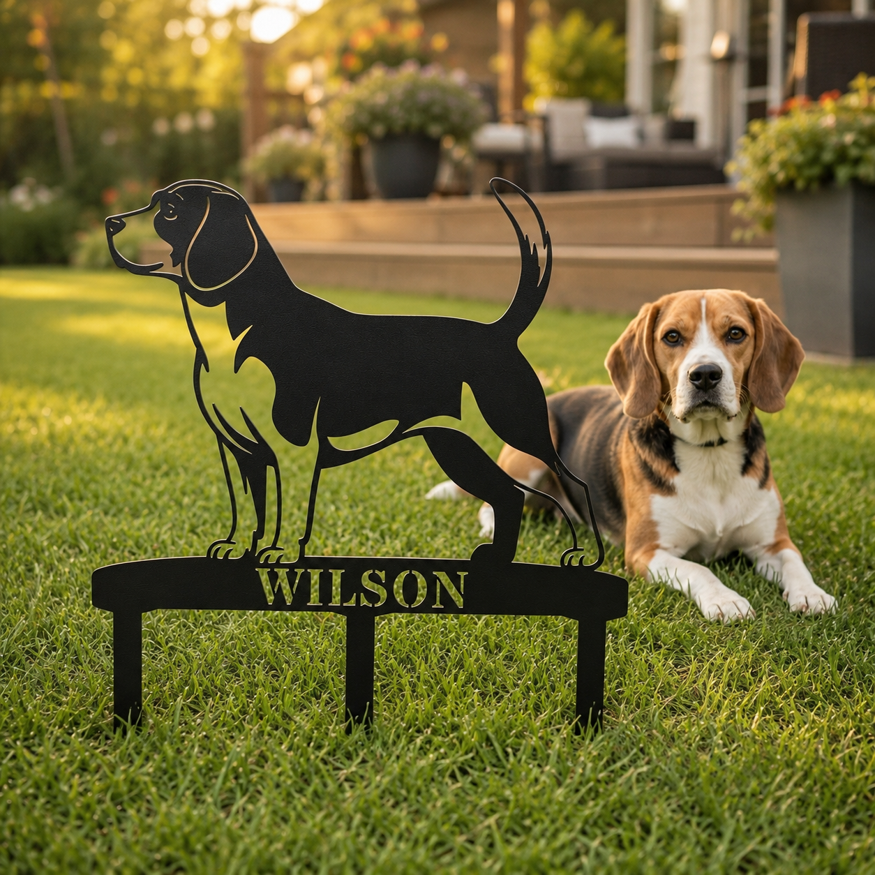 Personalized Beagle Garden Metal Sign With Stakes. Custom Dog Lover Name Gift