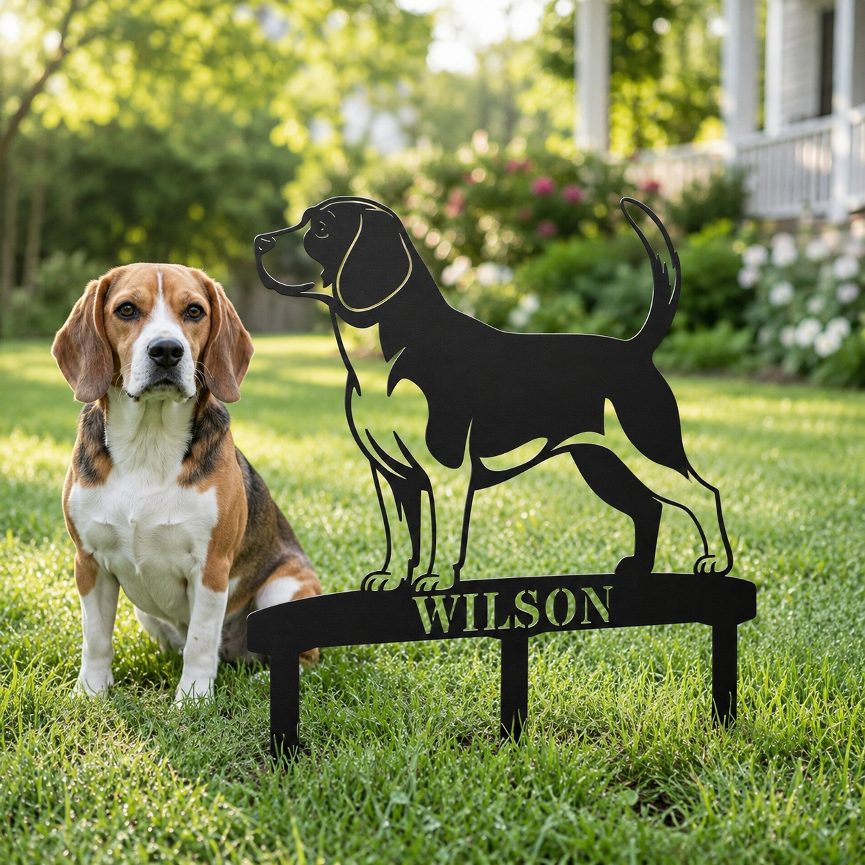 Personalized Beagle Garden Metal Sign With Stakes. Custom Dog Lover Name Gift