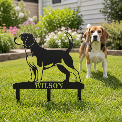 Personalized Beagle Garden Metal Sign With Stakes. Custom Dog Lover Name Gift