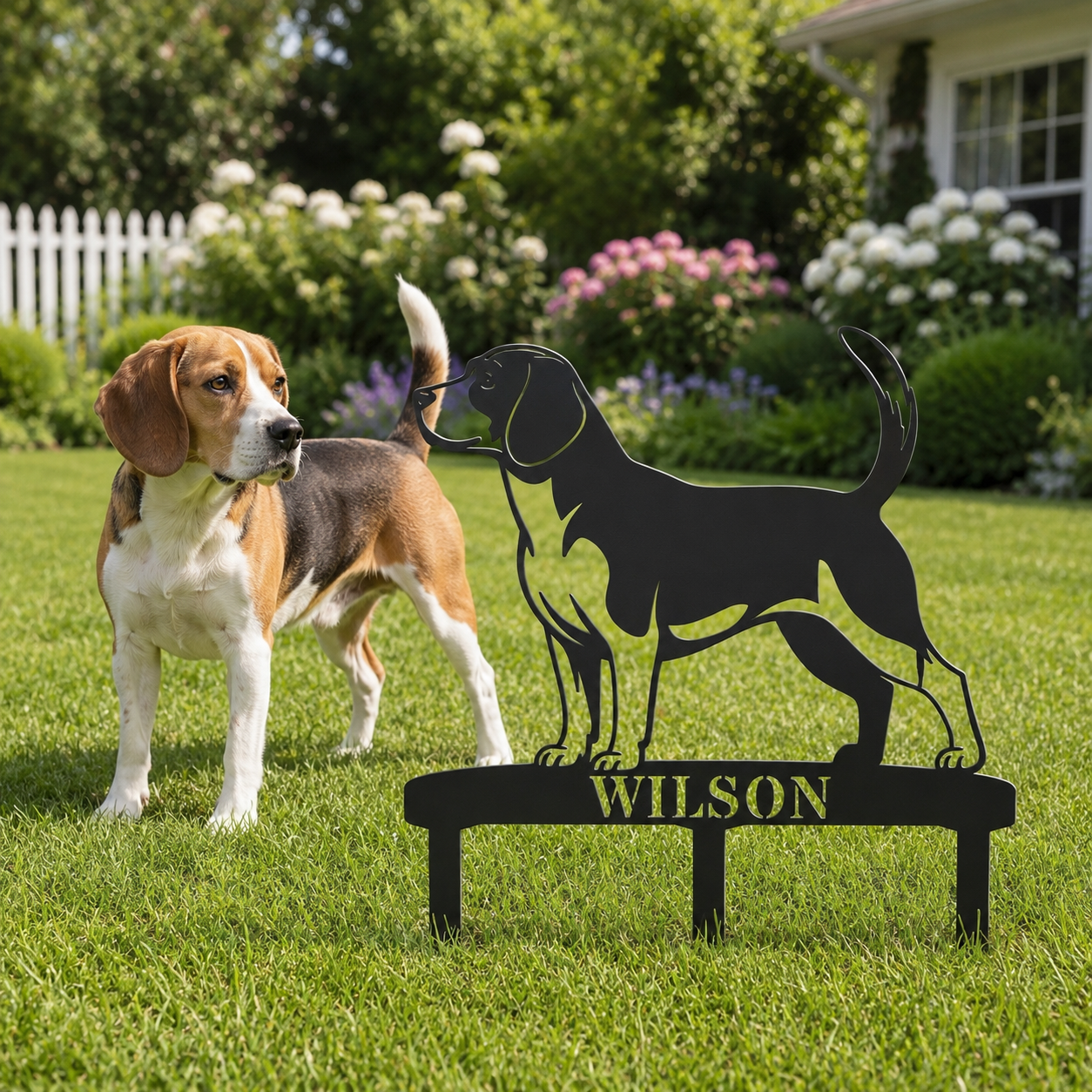 Personalized Beagle Garden Metal Sign With Stakes. Custom Dog Lover Name Gift