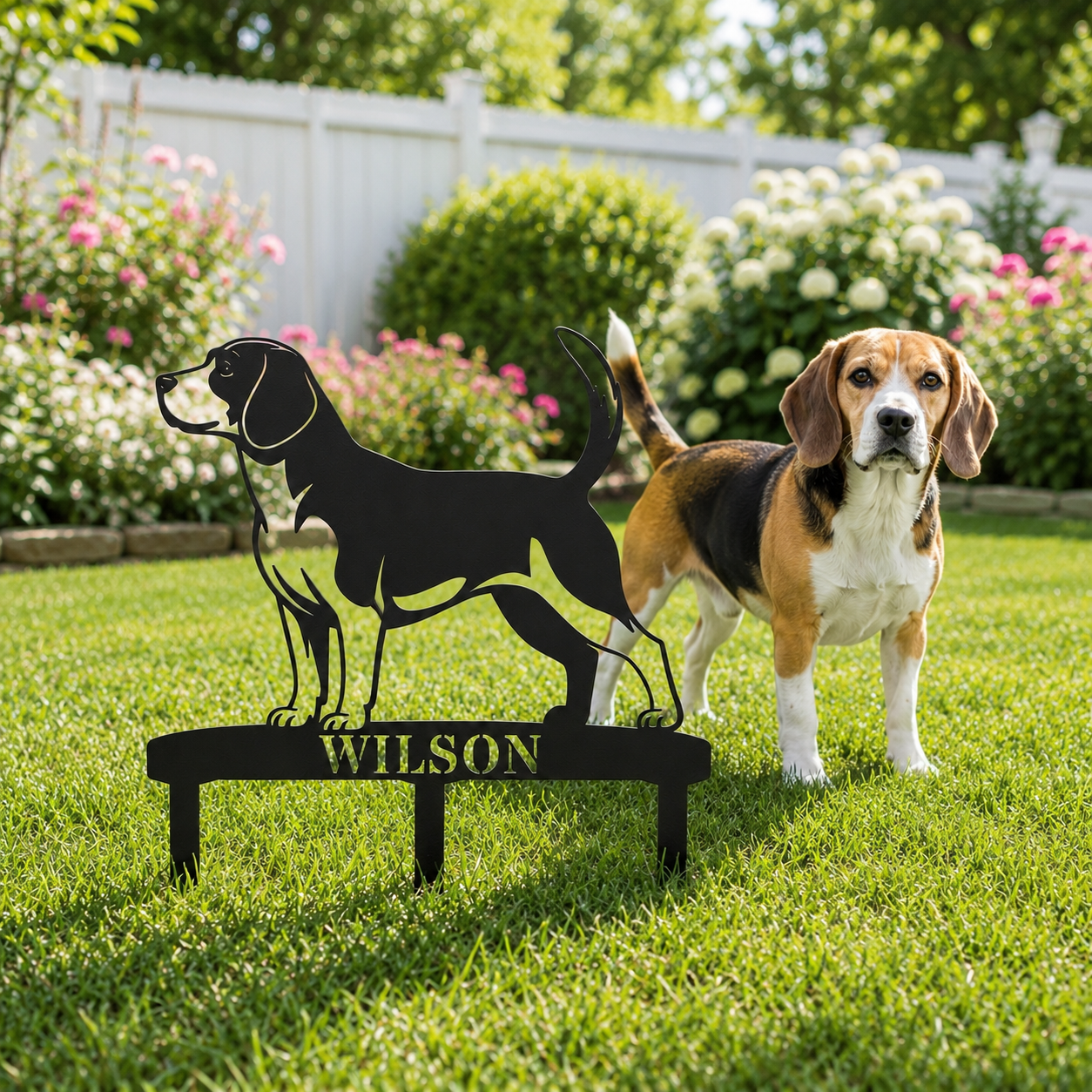 Personalized Beagle Garden Metal Sign With Stakes. Custom Dog Lover Name Gift