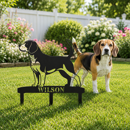 Personalized Beagle Garden Metal Sign With Stakes. Custom Dog Lover Name Gift