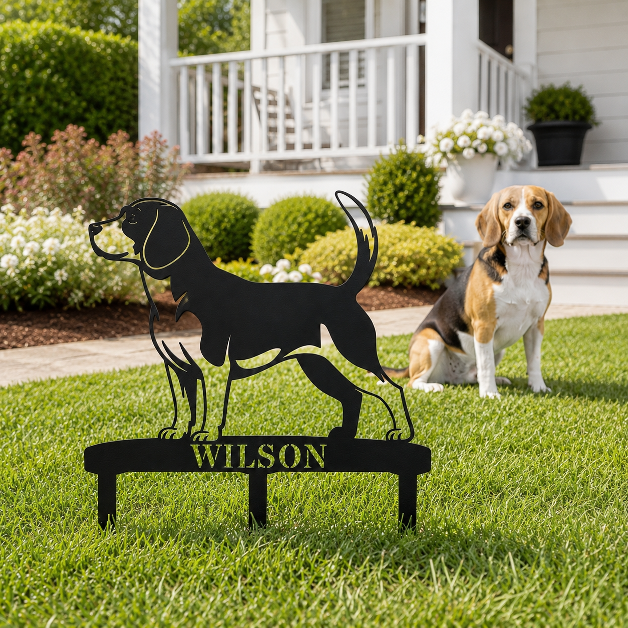 Personalized Beagle Garden Metal Sign With Stakes. Custom Dog Lover Name Gift