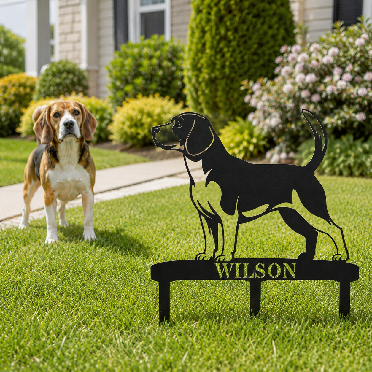 Personalized Beagle Garden Metal Sign With Stakes. Custom Dog Lover Name Gift