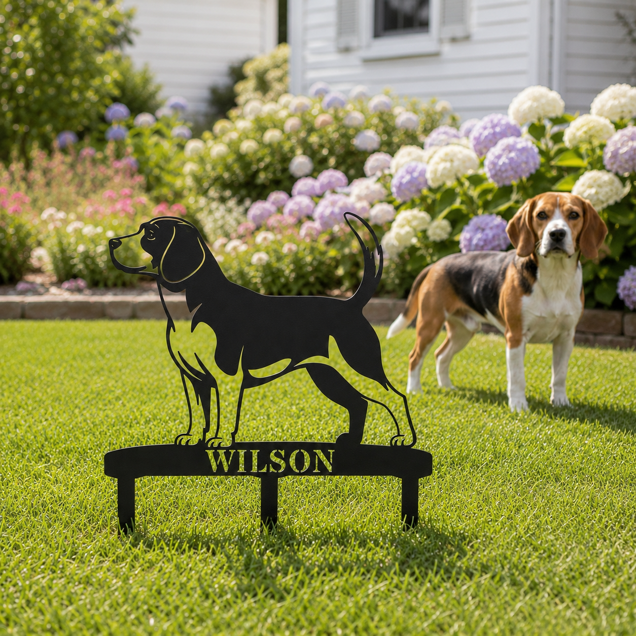 Personalized Beagle Garden Metal Sign With Stakes. Custom Dog Lover Name Gift