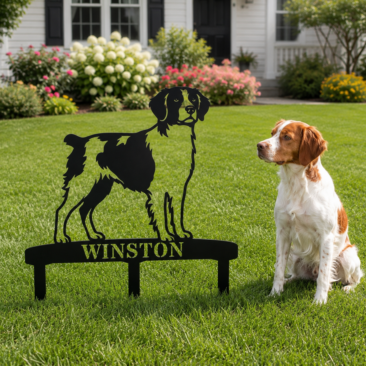Personalized Brittany Dog Garden Metal Sign With Stakes. Custom Dog Lover Name Gift