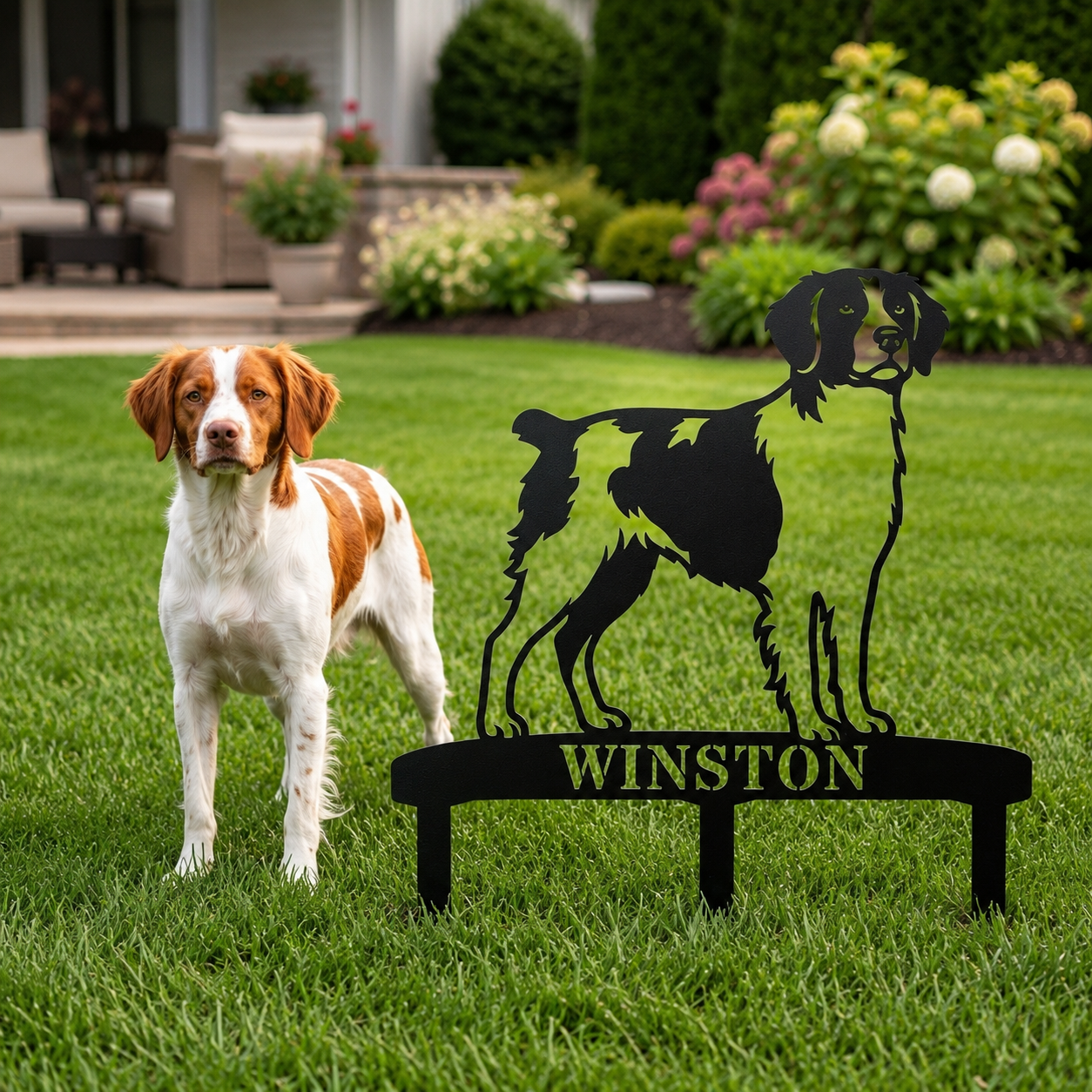 Personalized Brittany Dog Garden Metal Sign With Stakes. Custom Dog Lover Name Gift