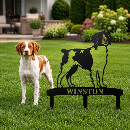 Personalized Brittany Dog Garden Metal Sign With Stakes. Custom Dog Lover Name Gift