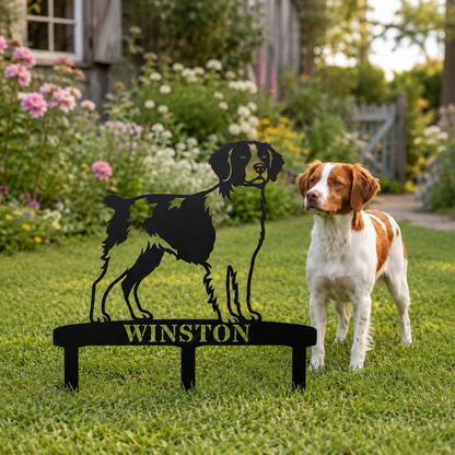 Personalized Brittany Dog Garden Metal Sign With Stakes. Custom Dog Lover Name Gift