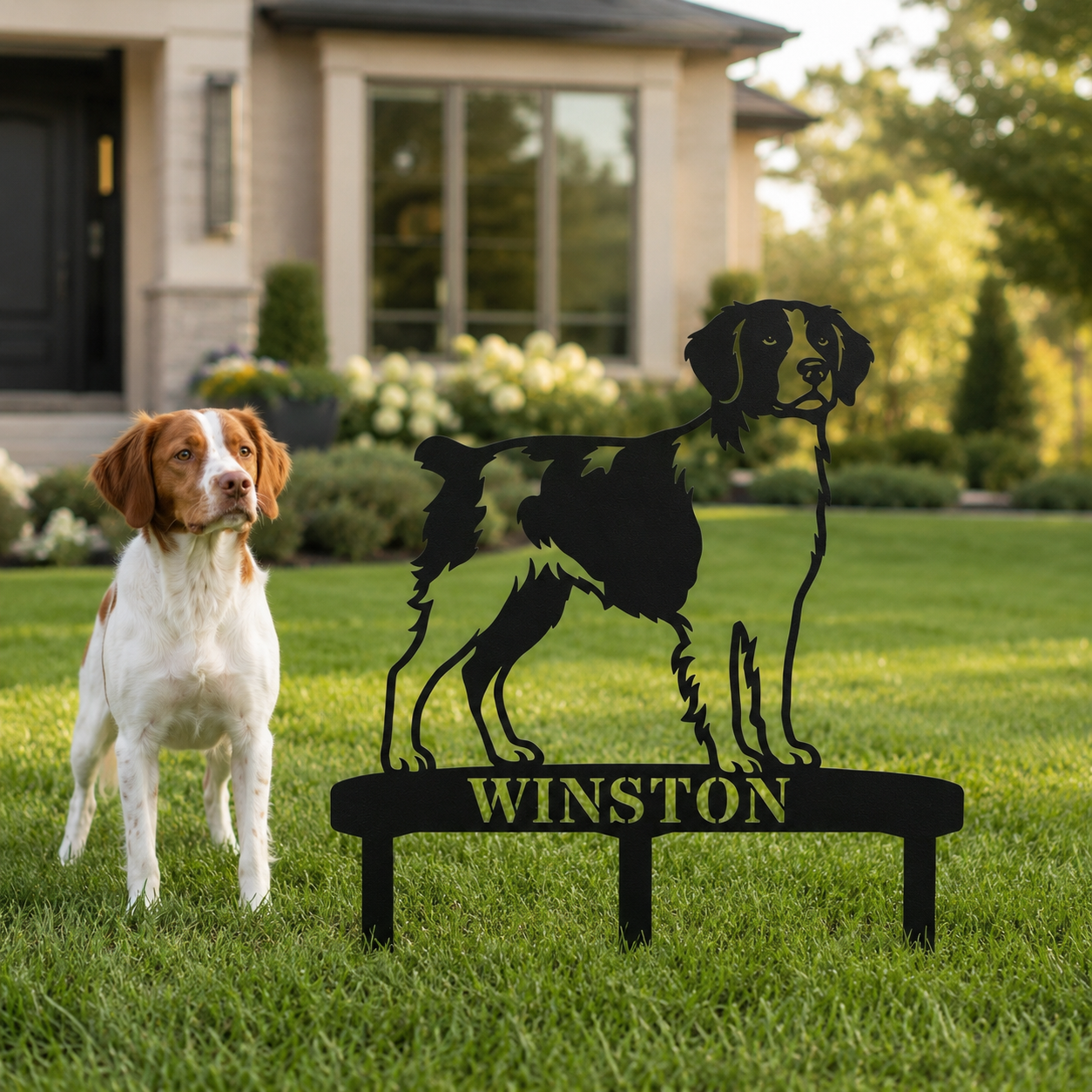 Personalized Brittany Dog Garden Metal Sign With Stakes. Custom Dog Lover Name Gift