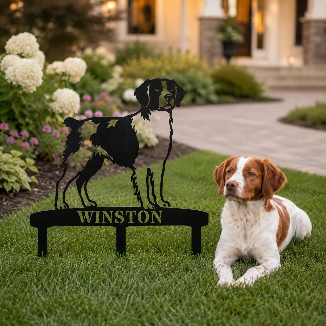 Personalized Brittany Dog Garden Metal Sign With Stakes. Custom Dog Lover Name Gift