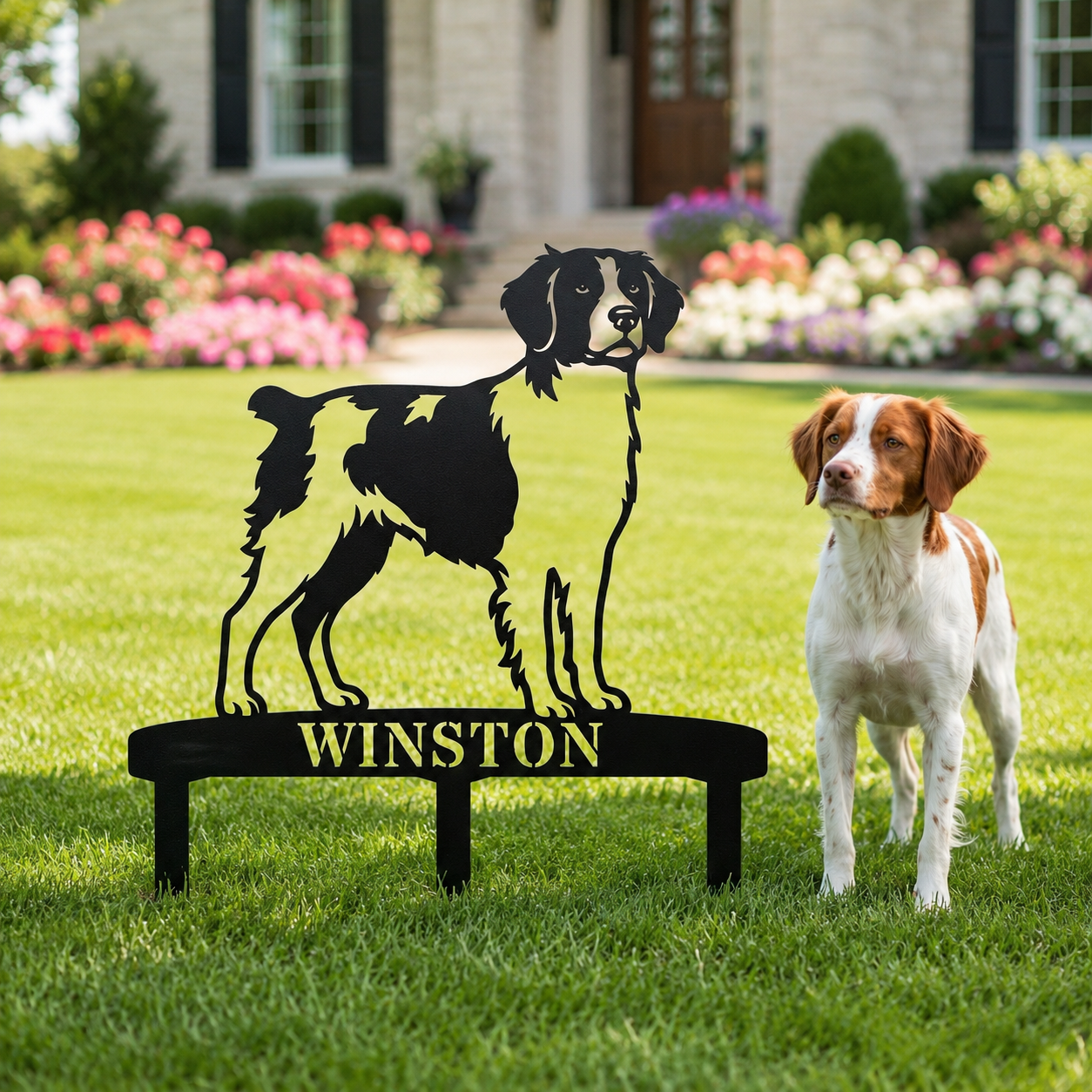 Personalized Brittany Dog Garden Metal Sign With Stakes. Custom Dog Lover Name Gift