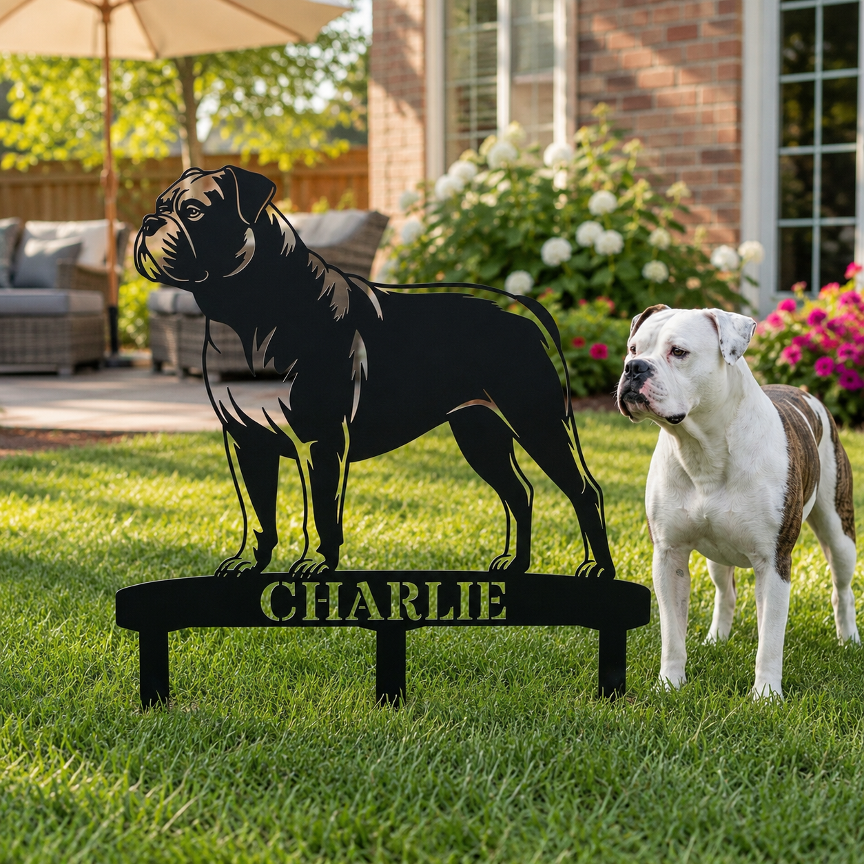 Personalized American Bulldog Garden Metal Sign With Stakes. Custom Dog Lover Name Gift