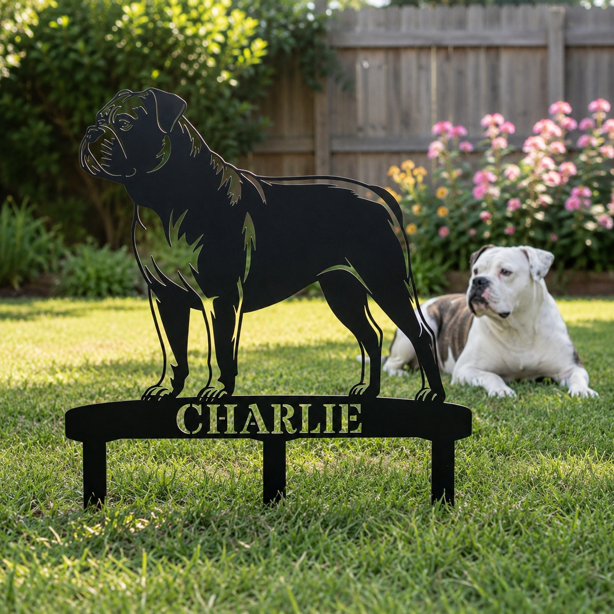 Personalized American Bulldog Garden Metal Sign With Stakes. Custom Dog Lover Name Gift