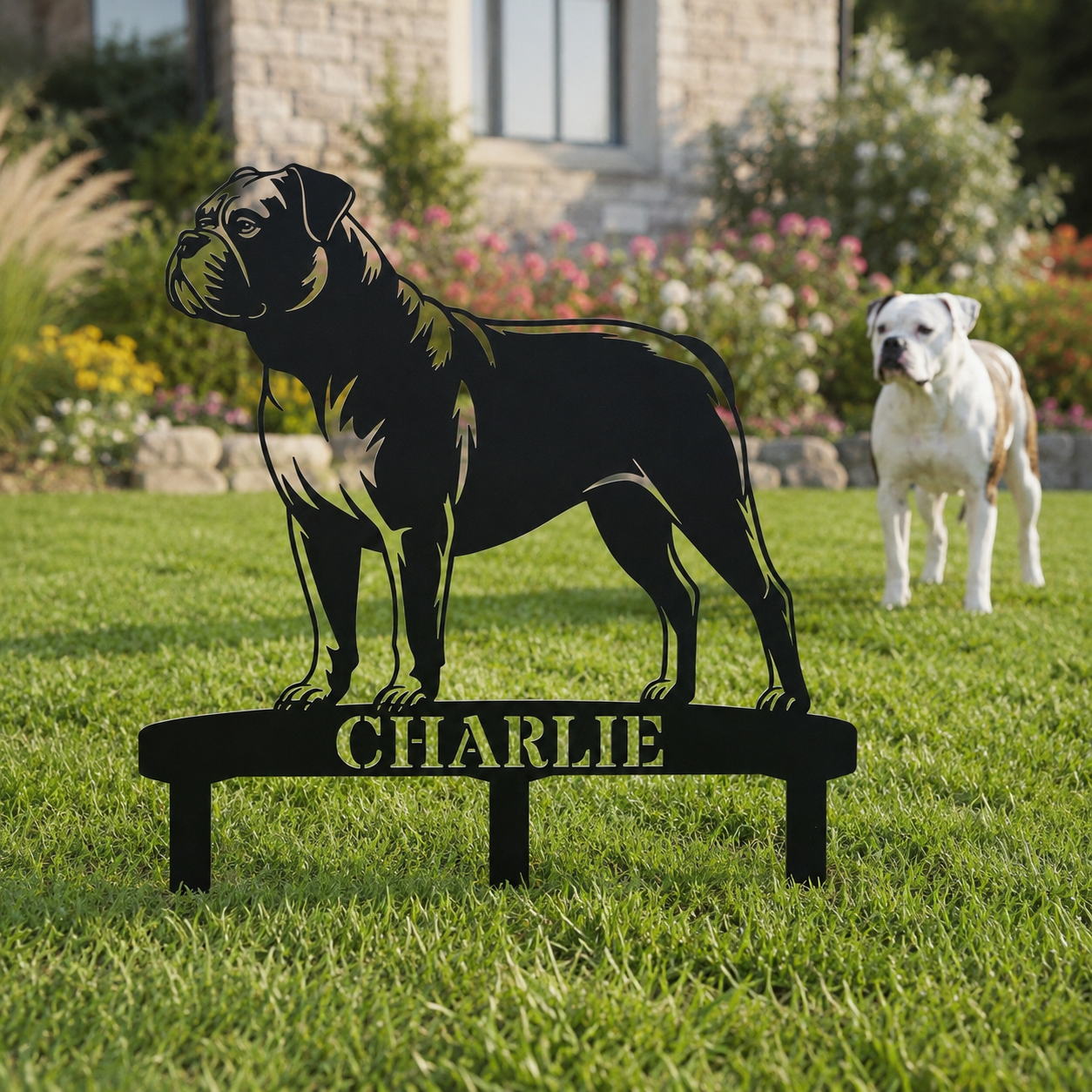 Personalized American Bulldog Garden Metal Sign With Stakes. Custom Dog Lover Name Gift