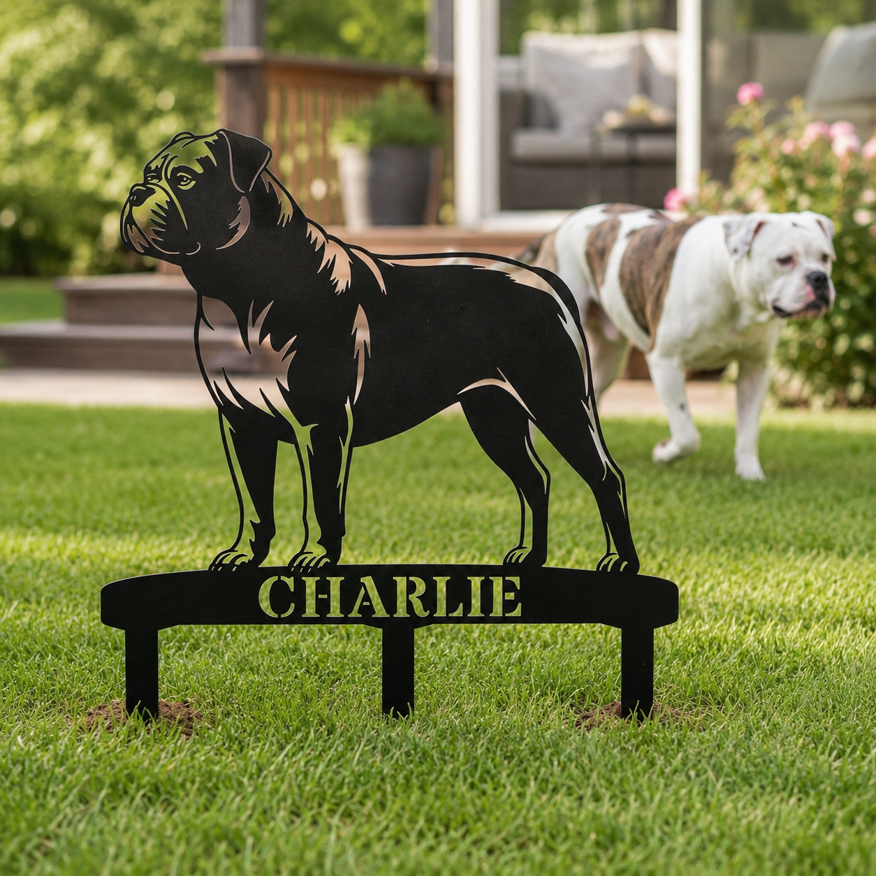 Personalized American Bulldog Garden Metal Sign With Stakes. Custom Dog Lover Name Gift