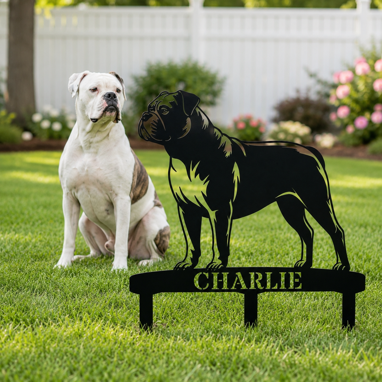 Personalized American Bulldog Garden Metal Sign With Stakes. Custom Dog Lover Name Gift