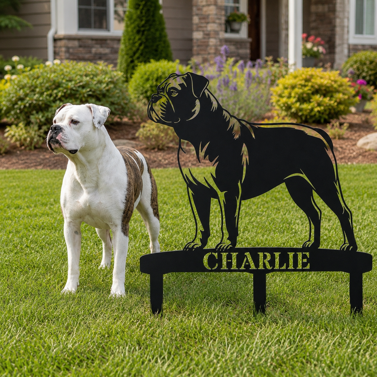 Personalized American Bulldog Garden Metal Sign With Stakes. Custom Dog Lover Name Gift