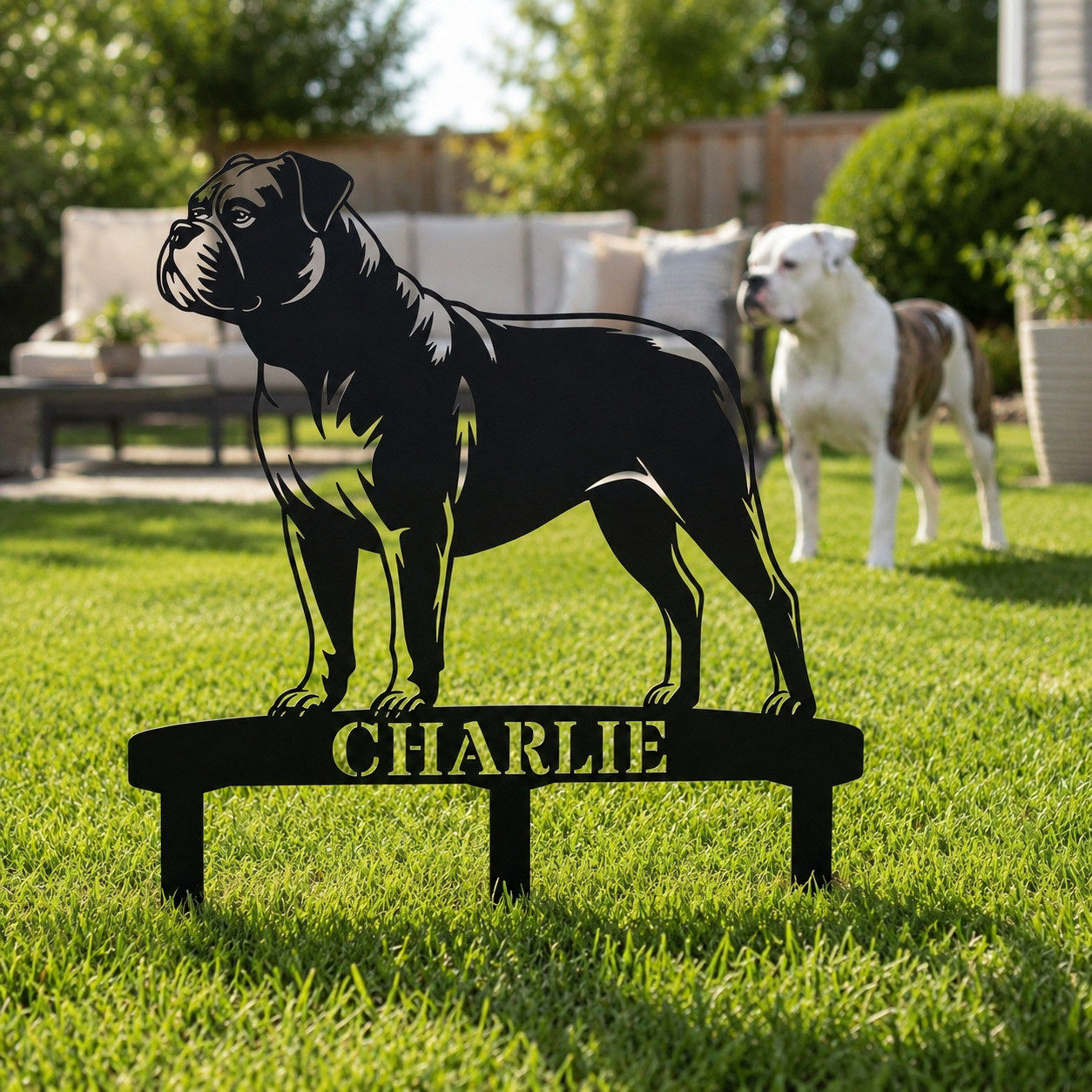 Personalized American Bulldog Garden Metal Sign With Stakes. Custom Dog Lover Name Gift