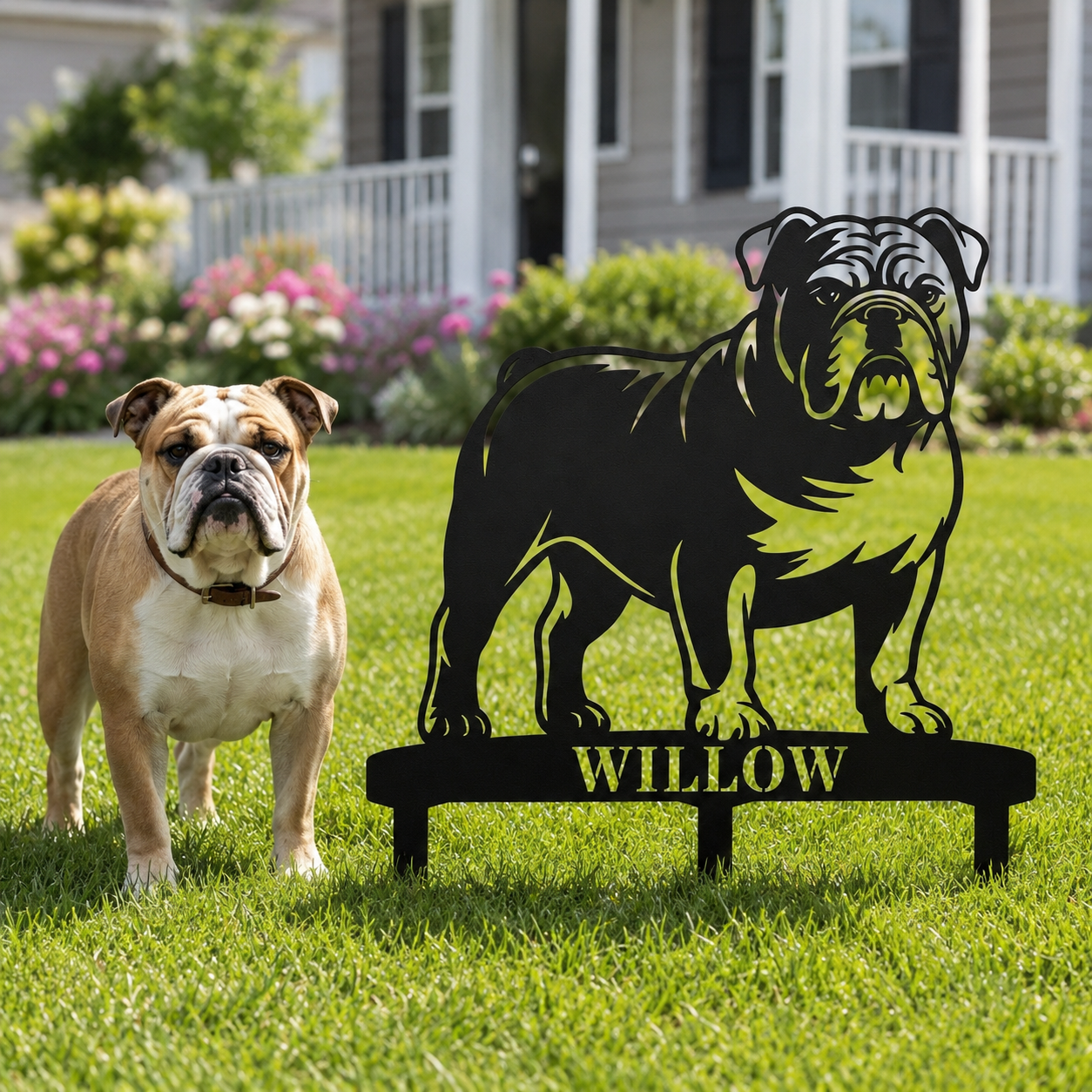 Personalized English Bulldog Garden Metal Sign With Stakes. Custom Dog Lover Name Gift