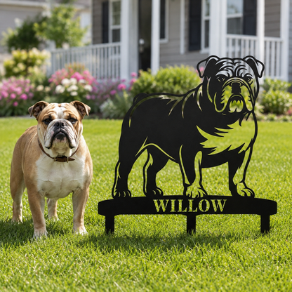 Personalized English Bulldog Garden Metal Sign With Stakes. Custom Dog Lover Name Gift