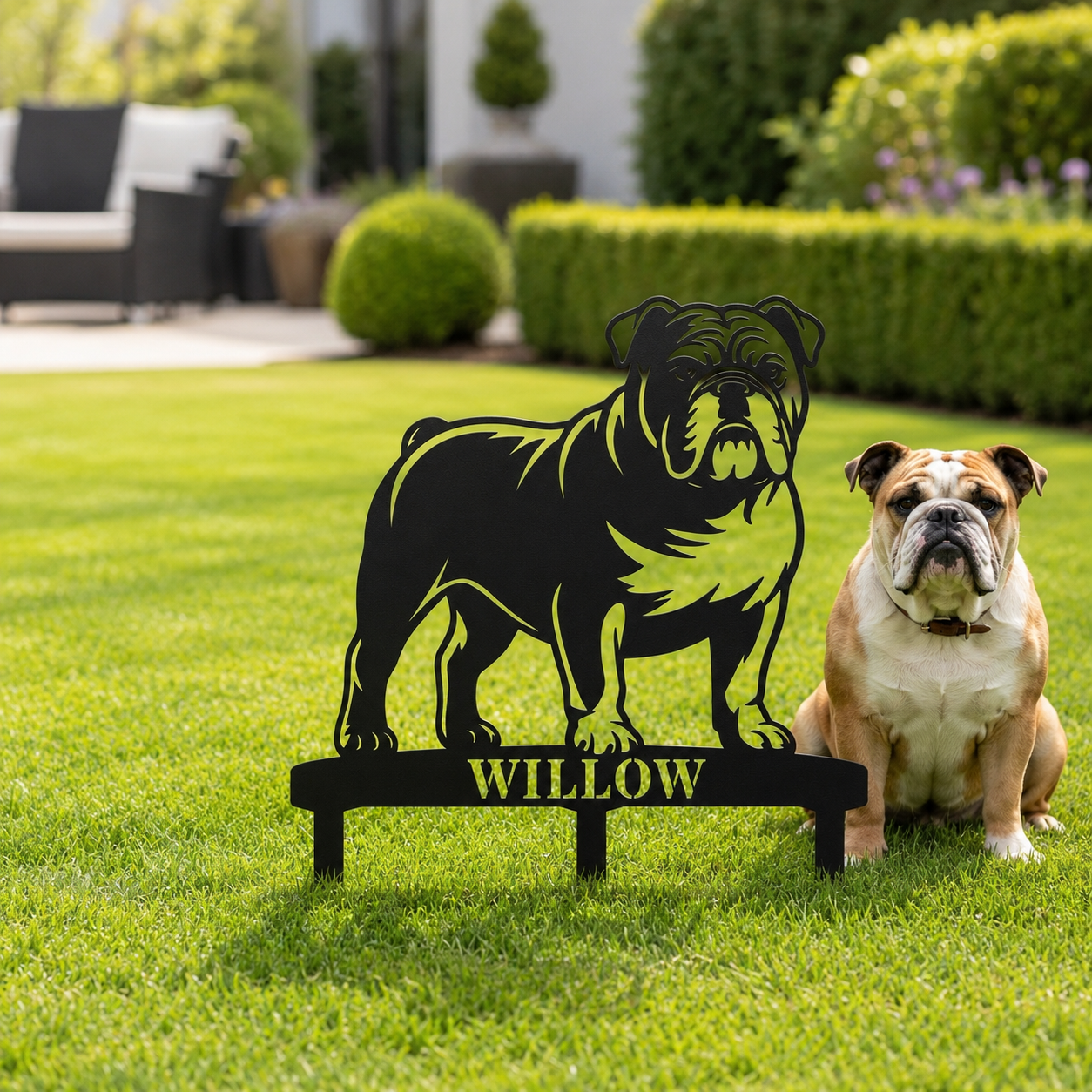 Personalized English Bulldog Garden Metal Sign With Stakes. Custom Dog Lover Name Gift