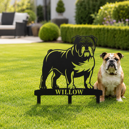 Personalized English Bulldog Garden Metal Sign With Stakes. Custom Dog Lover Name Gift
