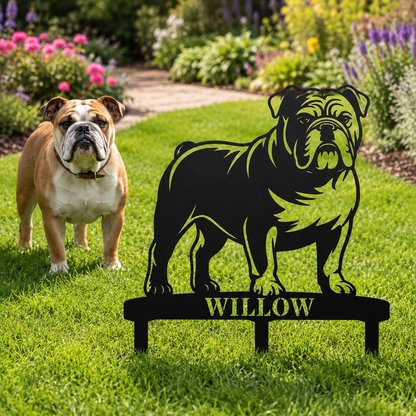 Personalized English Bulldog Garden Metal Sign With Stakes. Custom Dog Lover Name Gift