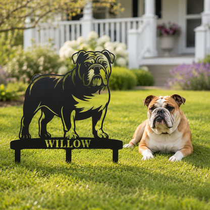 Personalized English Bulldog Garden Metal Sign With Stakes. Custom Dog Lover Name Gift
