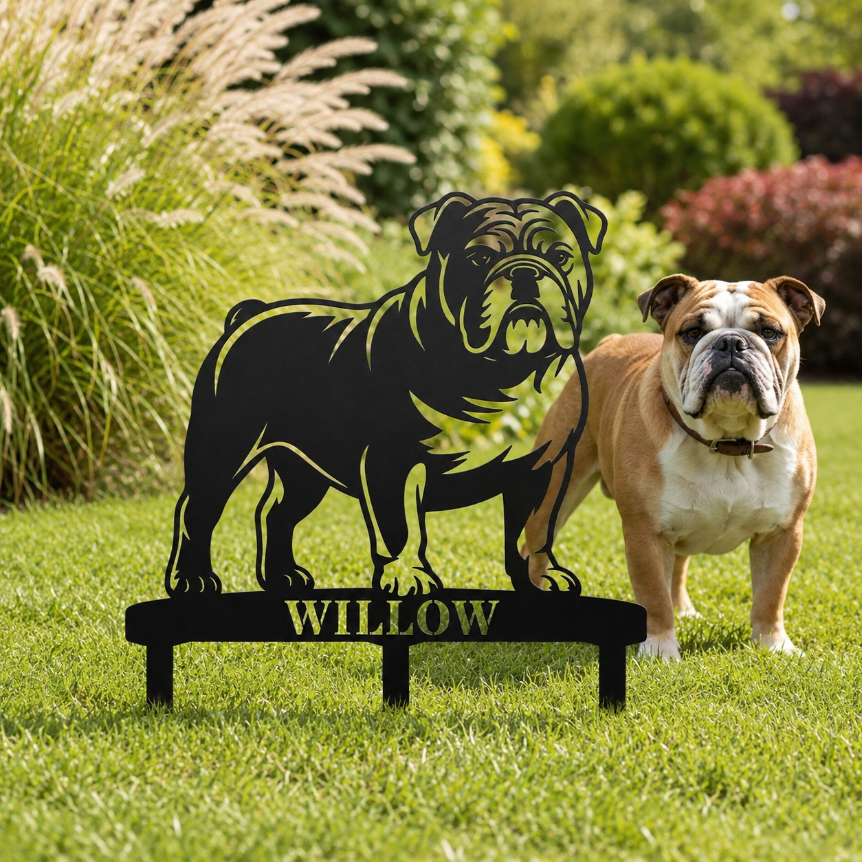 Personalized English Bulldog Garden Metal Sign With Stakes. Custom Dog Lover Name Gift