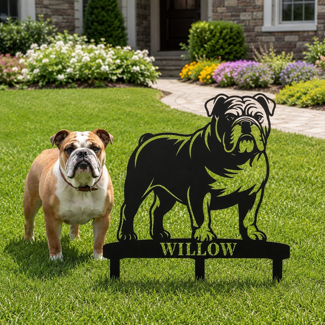 Personalized English Bulldog Garden Metal Sign With Stakes. Custom Dog Lover Name Gift