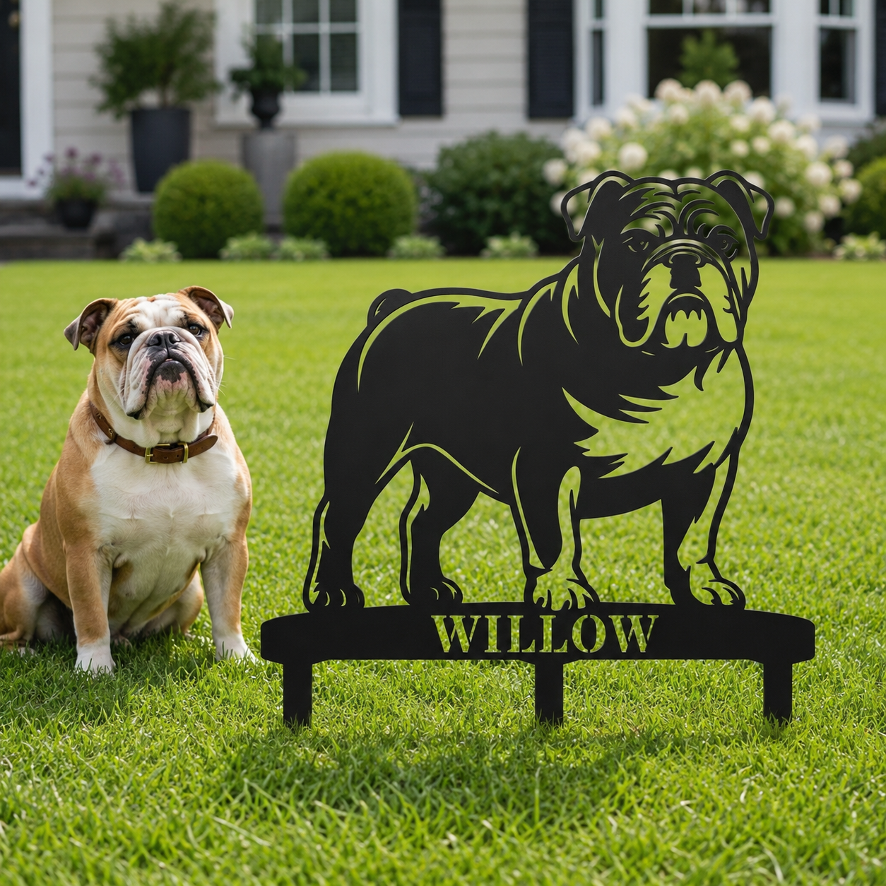 Personalized English Bulldog Garden Metal Sign With Stakes. Custom Dog Lover Name Gift