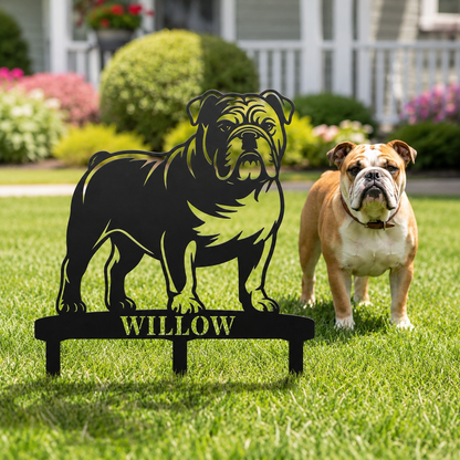 Personalized English Bulldog Garden Metal Sign With Stakes. Custom Dog Lover Name Gift