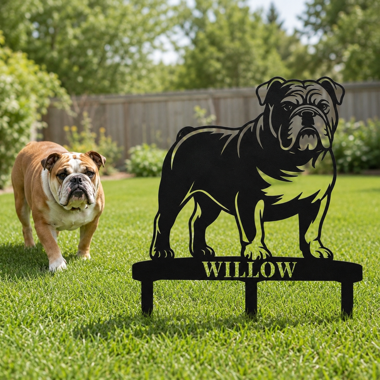 Personalized English Bulldog Garden Metal Sign With Stakes. Custom Dog Lover Name Gift