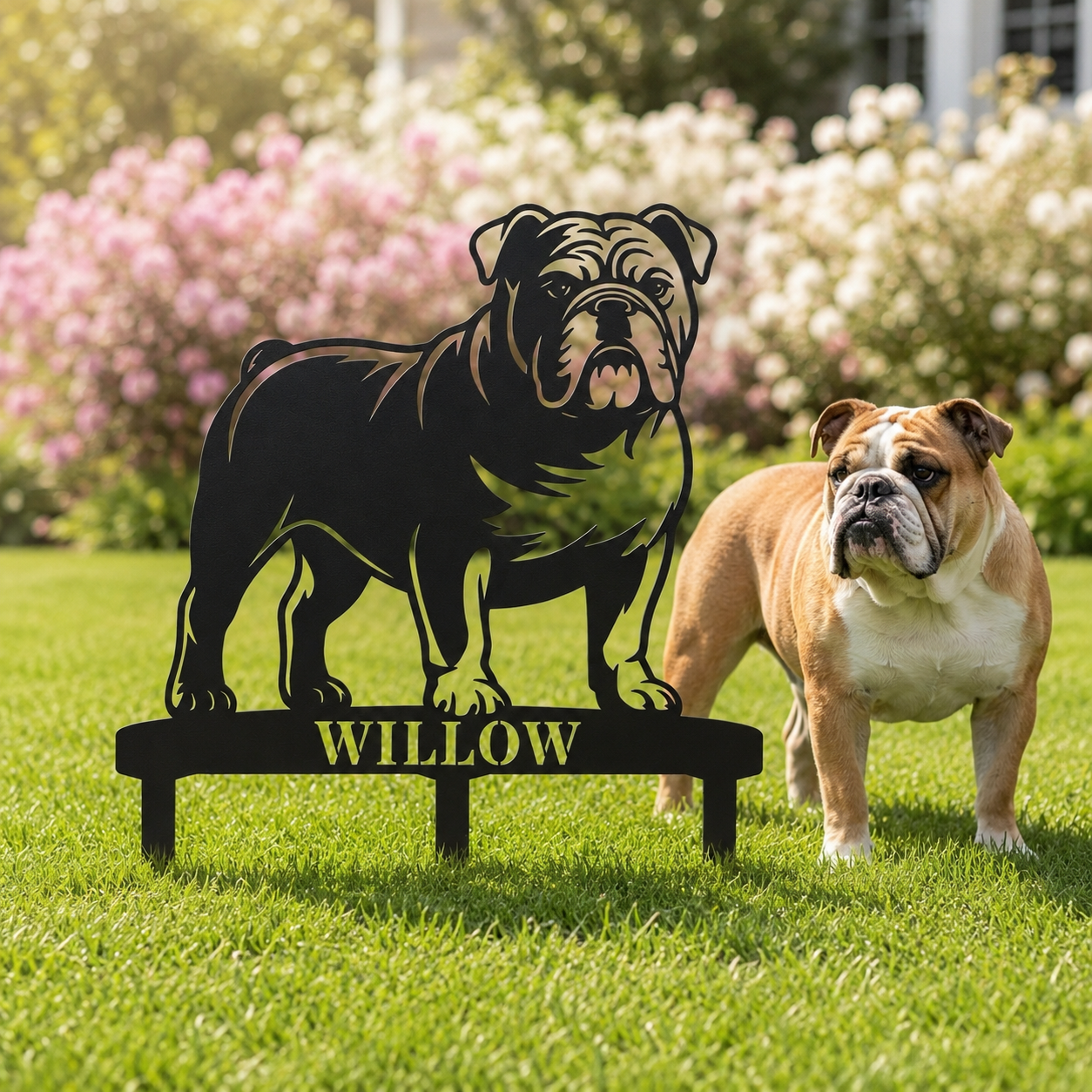 Personalized English Bulldog Garden Metal Sign With Stakes. Custom Dog Lover Name Gift