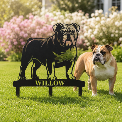 Personalized English Bulldog Garden Metal Sign With Stakes. Custom Dog Lover Name Gift