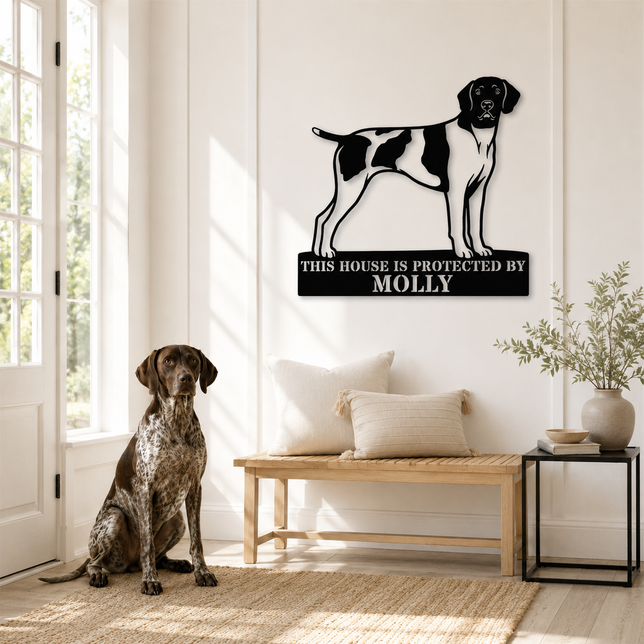 Personalized German Shorthaired Pointer Guard Metal Sign. Custom Dog Protect Name Wall Decor