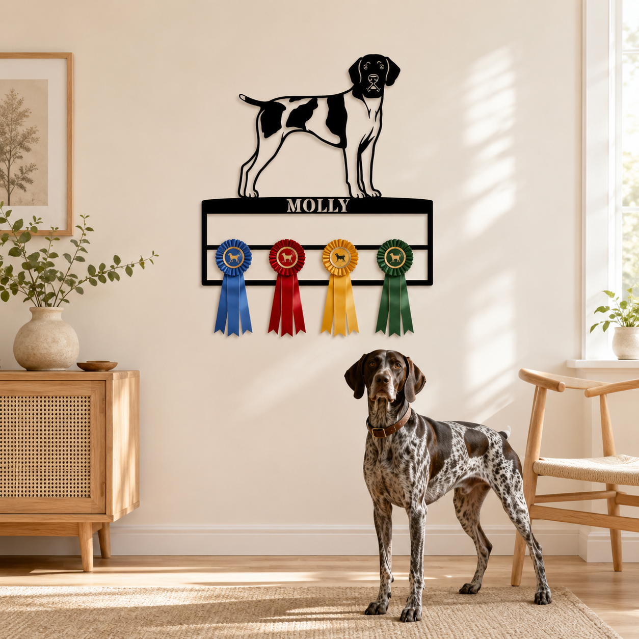 Personalized German Shorthaired Pointer Rosette Name Metal Sign. Custom Dog Champion Ribbon Display