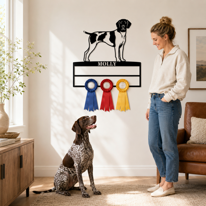 Personalized German Shorthaired Pointer Rosette Name Metal Sign. Custom Dog Champion Ribbon Display