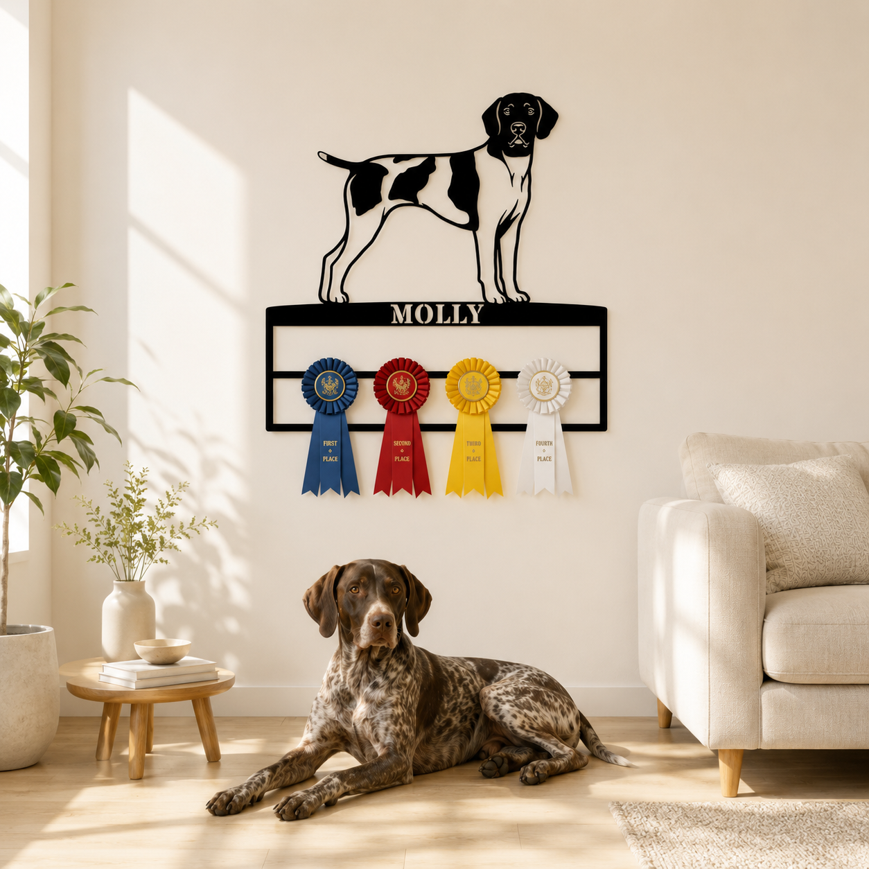 Personalized German Shorthaired Pointer Rosette Name Metal Sign. Custom Dog Champion Ribbon Display