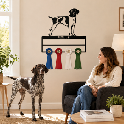 Personalized German Shorthaired Pointer Rosette Name Metal Sign. Custom Dog Champion Ribbon Display