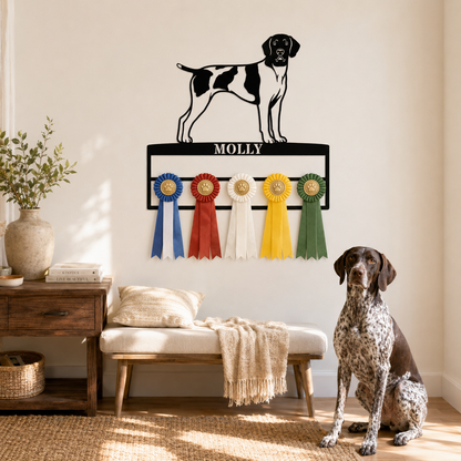 Personalized German Shorthaired Pointer Rosette Name Metal Sign. Custom Dog Champion Ribbon Display