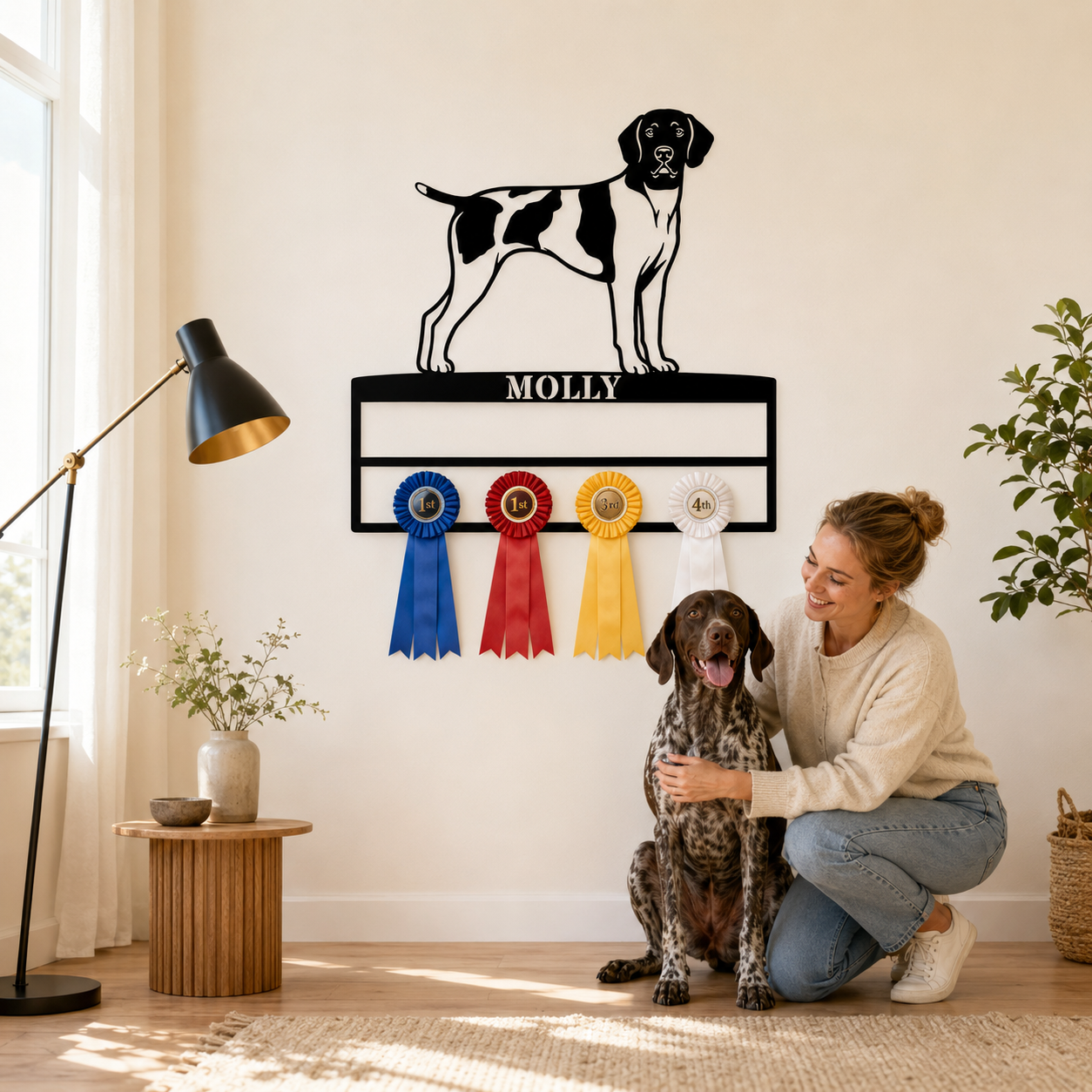 Personalized German Shorthaired Pointer Rosette Name Metal Sign. Custom Dog Champion Ribbon Display