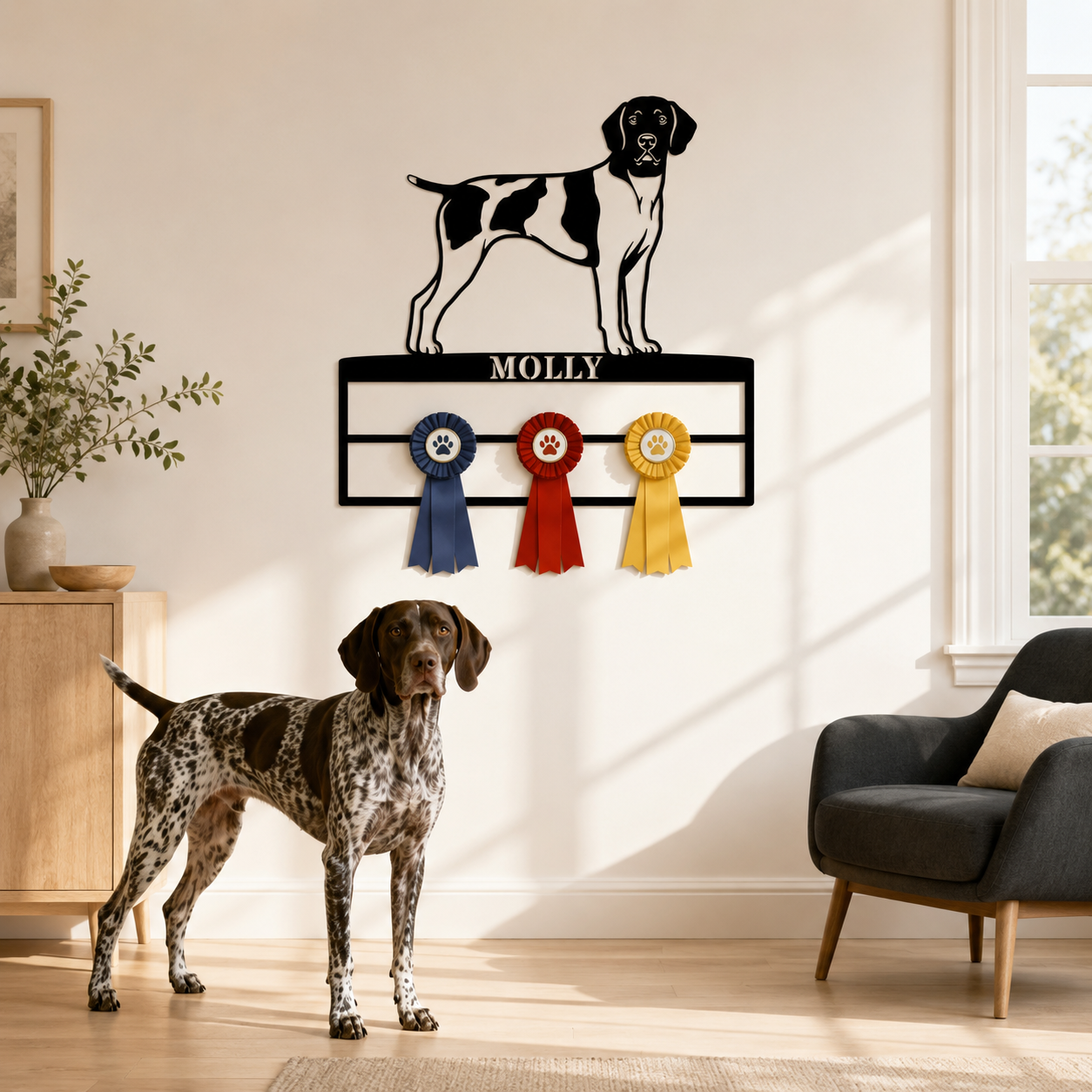 Personalized German Shorthaired Pointer Rosette Name Metal Sign. Custom Dog Champion Ribbon Display